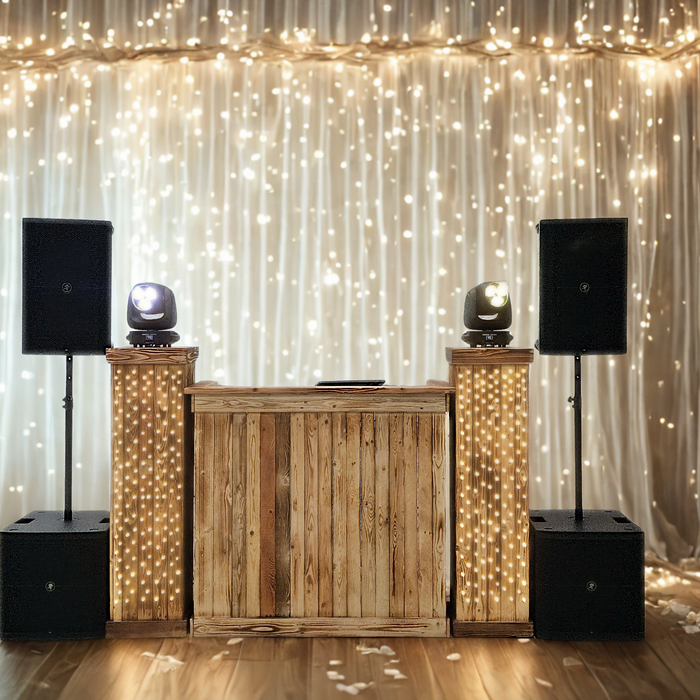 Burnt wood effect rustic booth with matching podiums with or without fairy lights,