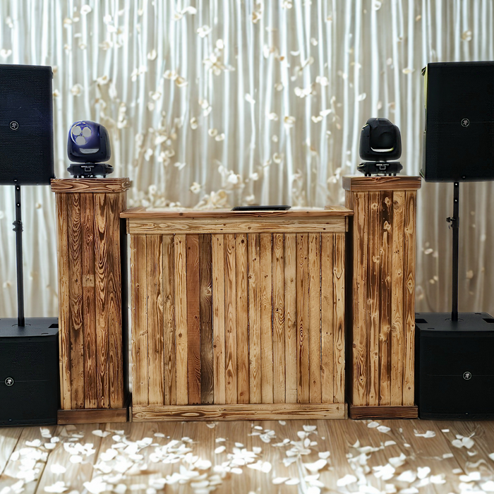 Burnt wood effect rustic booth with matching podiums with or without fairy lights,